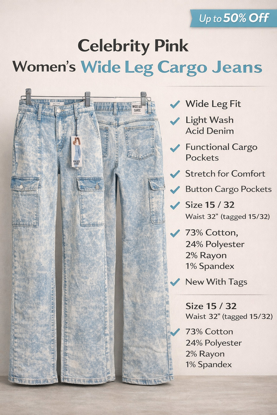 Celebrity Pink Wide Leg Cargo Jeans Light Wash Acid Denim 15/32 NWT size large
